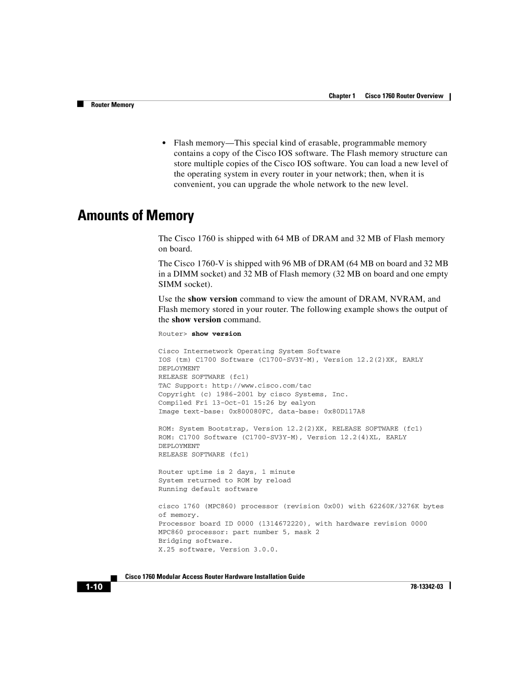 Cisco Systems 1760 manual Amounts of Memory, Router show version 