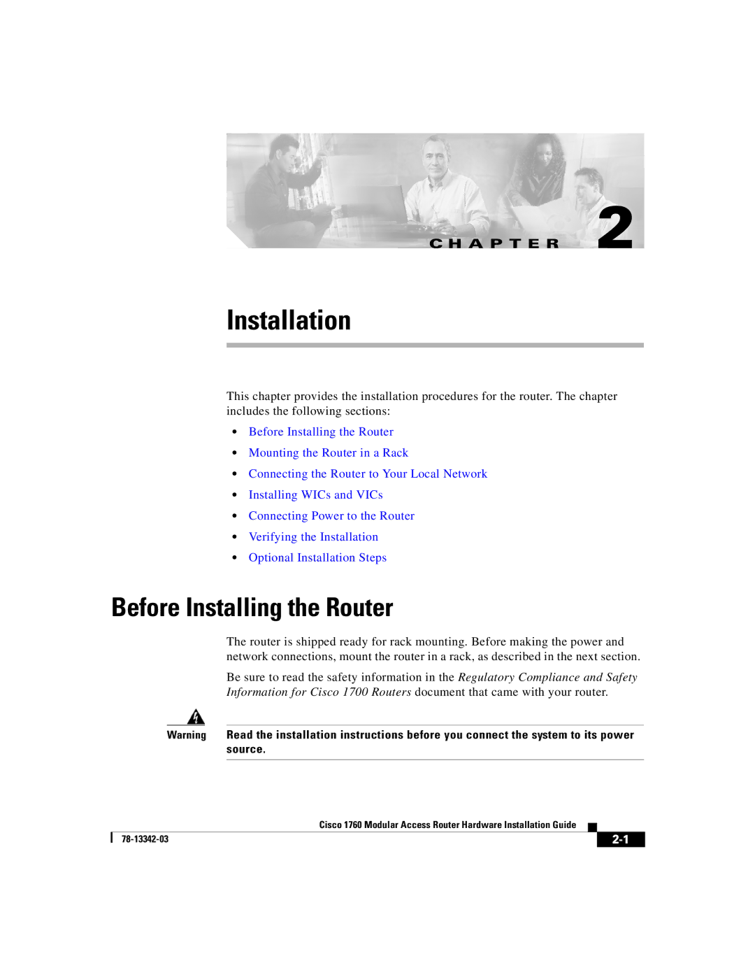 Cisco Systems 1760 manual Installation, Before Installing the Router 