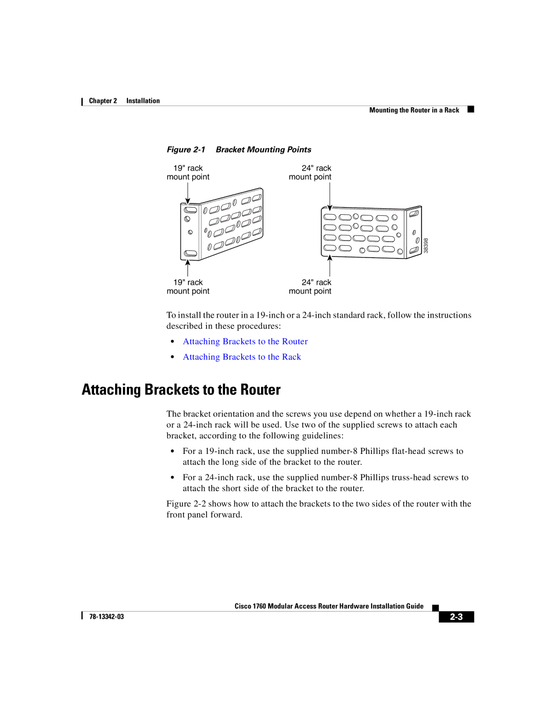 Cisco Systems 1760 manual Attaching Brackets to the Router, Bracket Mounting Points 