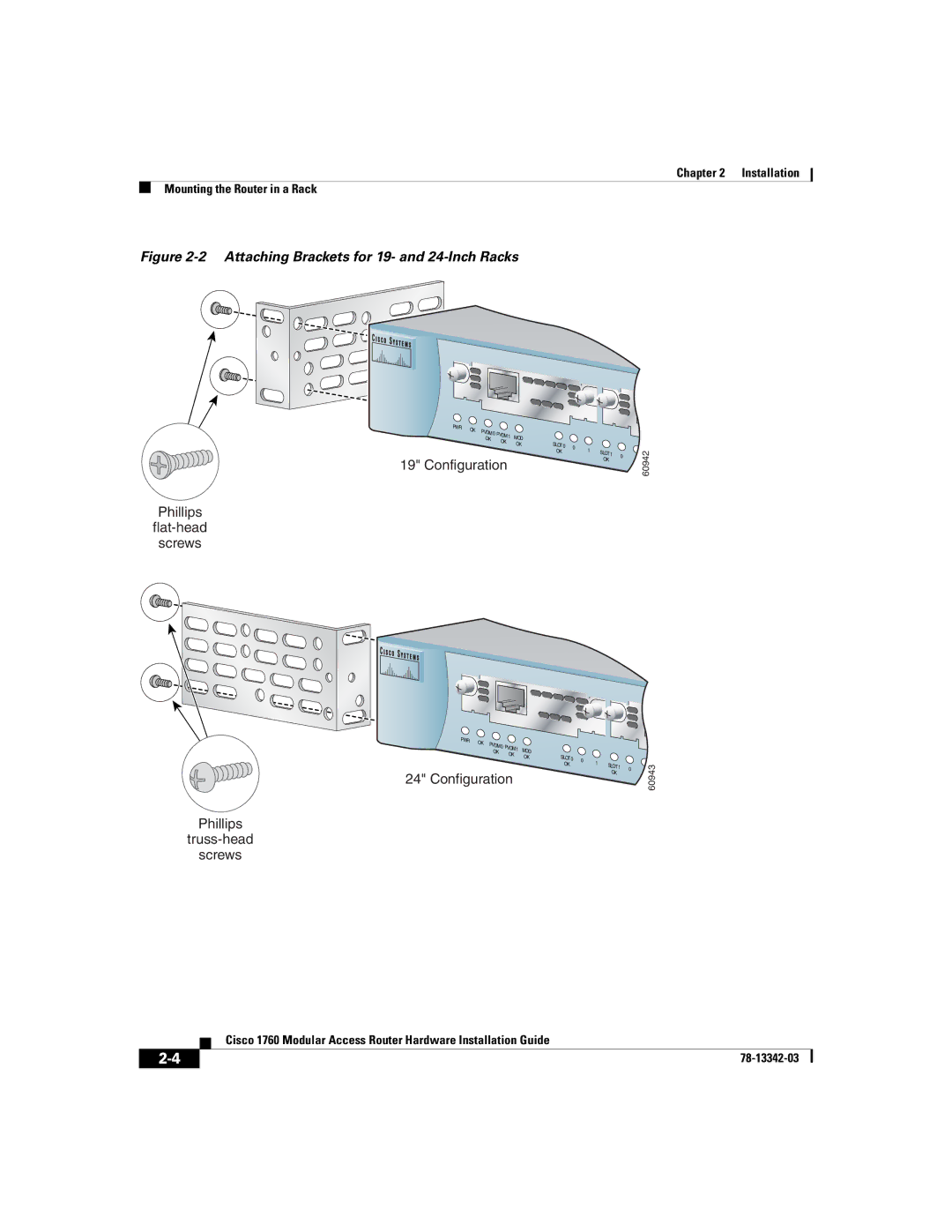 Cisco Systems 1760 manual Attaching Brackets for 19- and 24-Inch Racks 