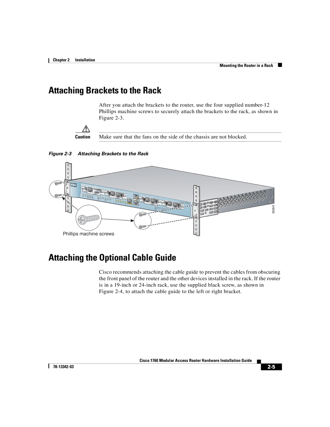 Cisco Systems 1760 manual Attaching Brackets to the Rack, Attaching the Optional Cable Guide 