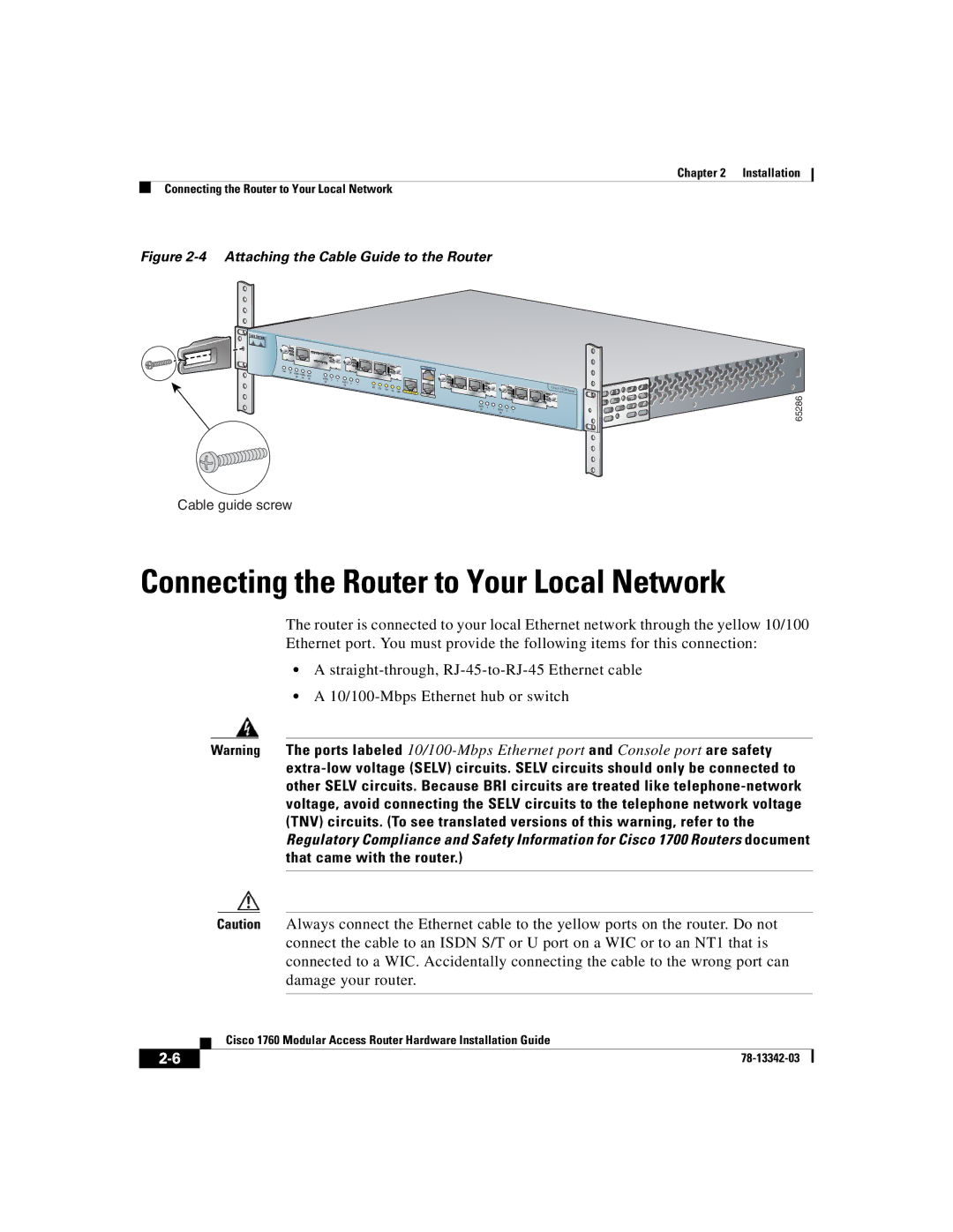 Cisco Systems 1760 manual Installation Connecting the Router to Your Local Network 