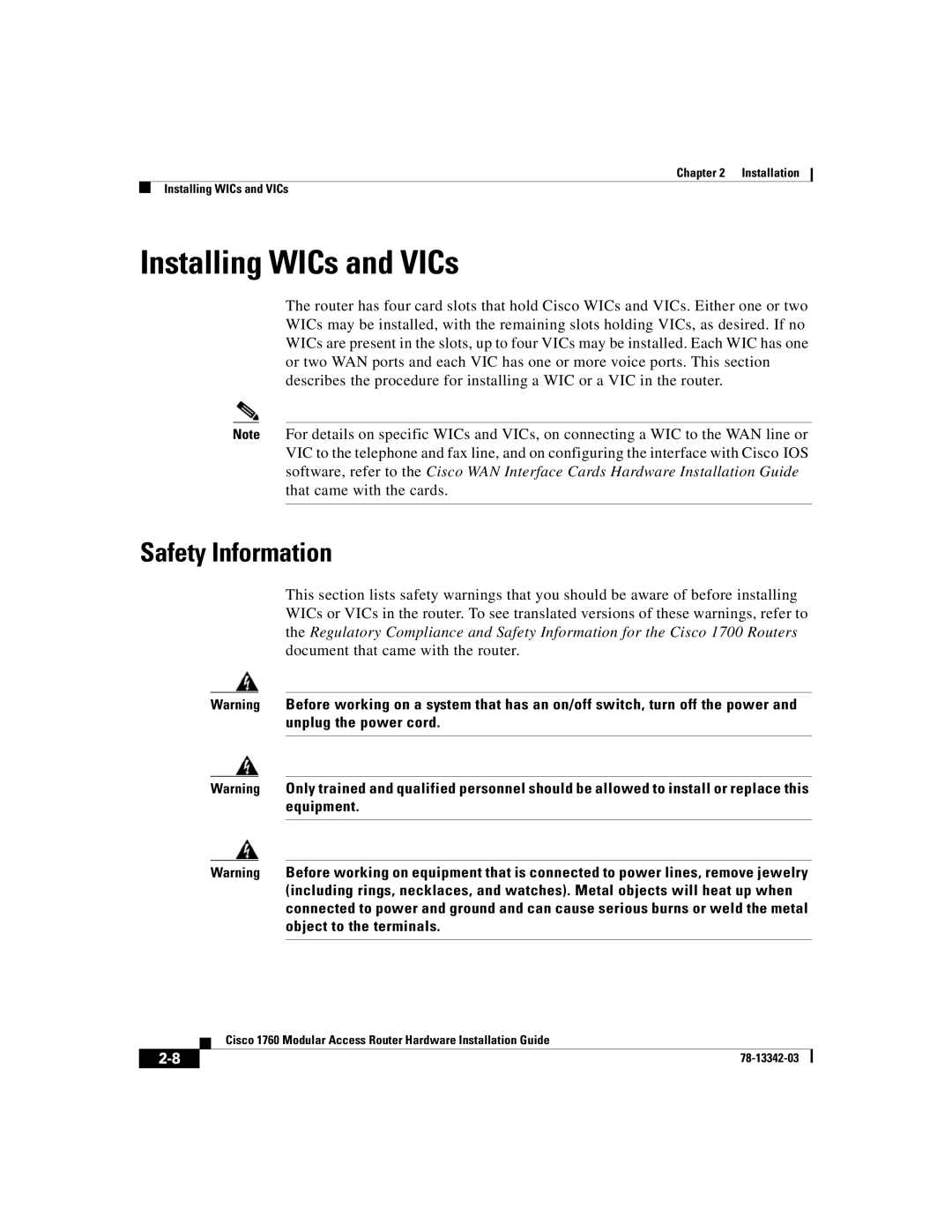 Cisco Systems 1760 manual Installing WICs and VICs, Safety Information 