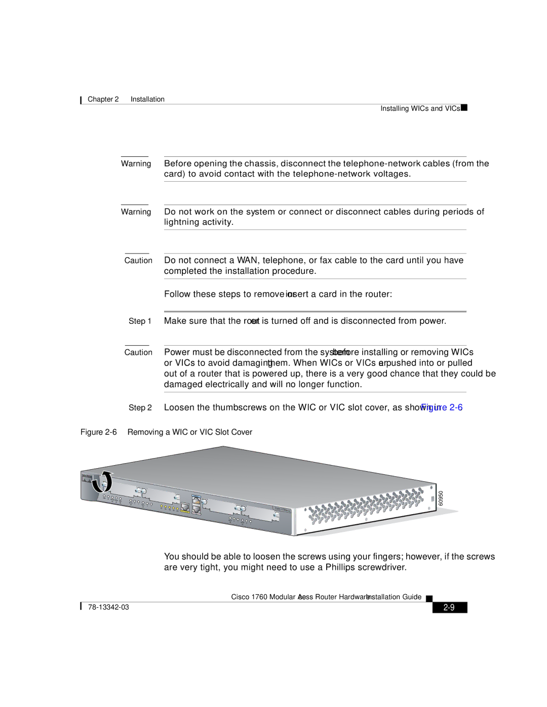 Cisco Systems 1760 manual Removing a WIC or VIC Slot Cover 