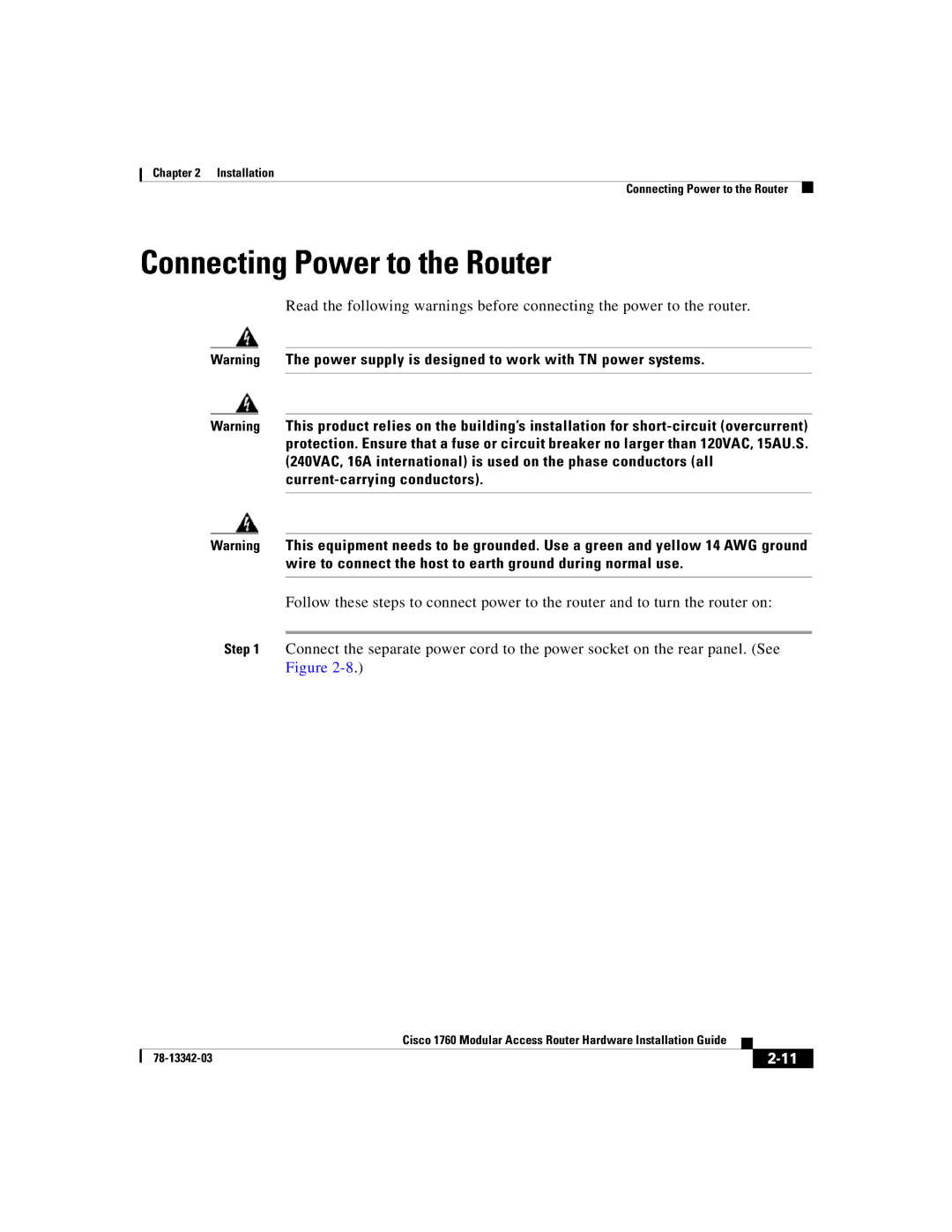 Cisco Systems 1760 manual Connecting Power to the Router 