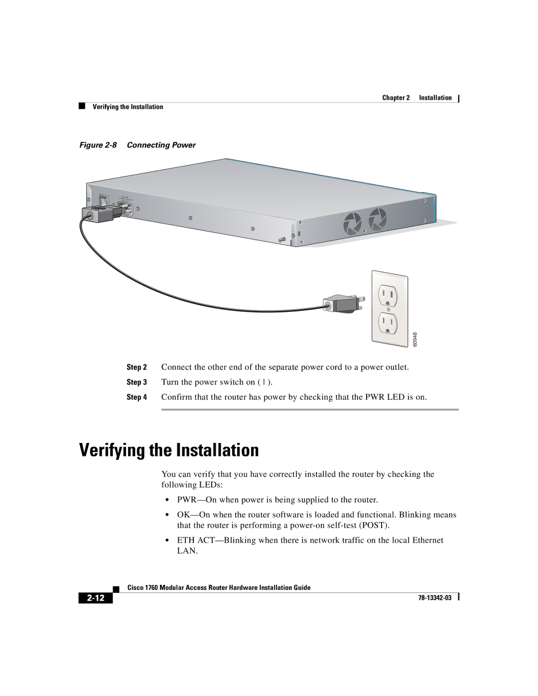 Cisco Systems 1760 manual Verifying the Installation, Connecting Power 