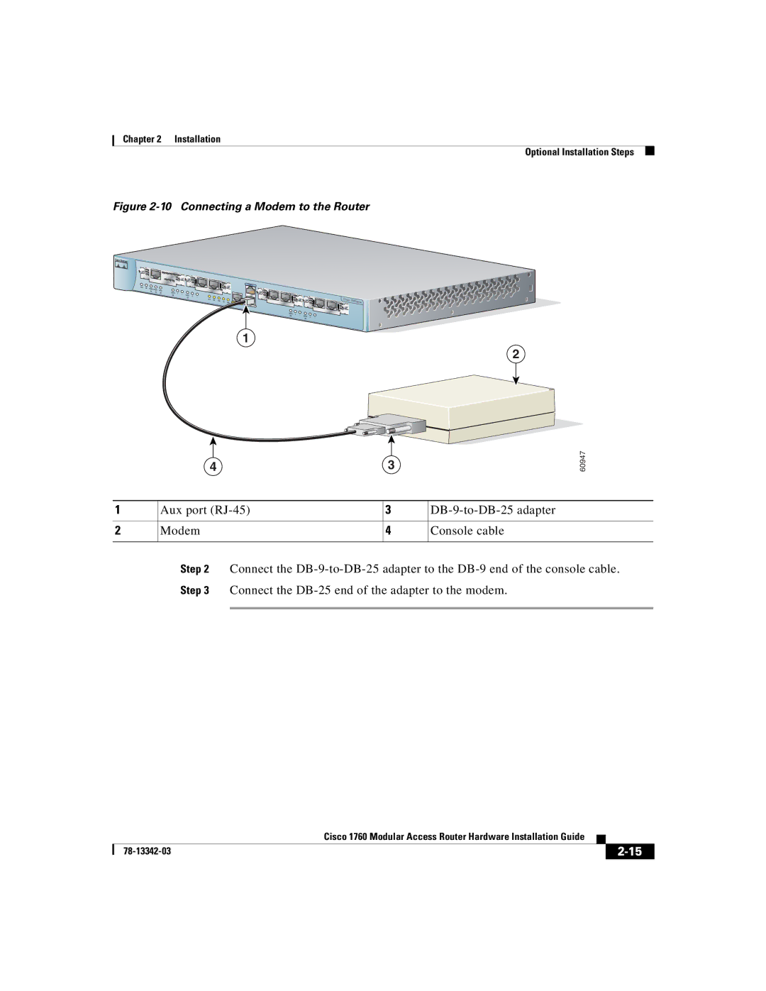 Cisco Systems 1760 manual Connecting a Modem to the Router 