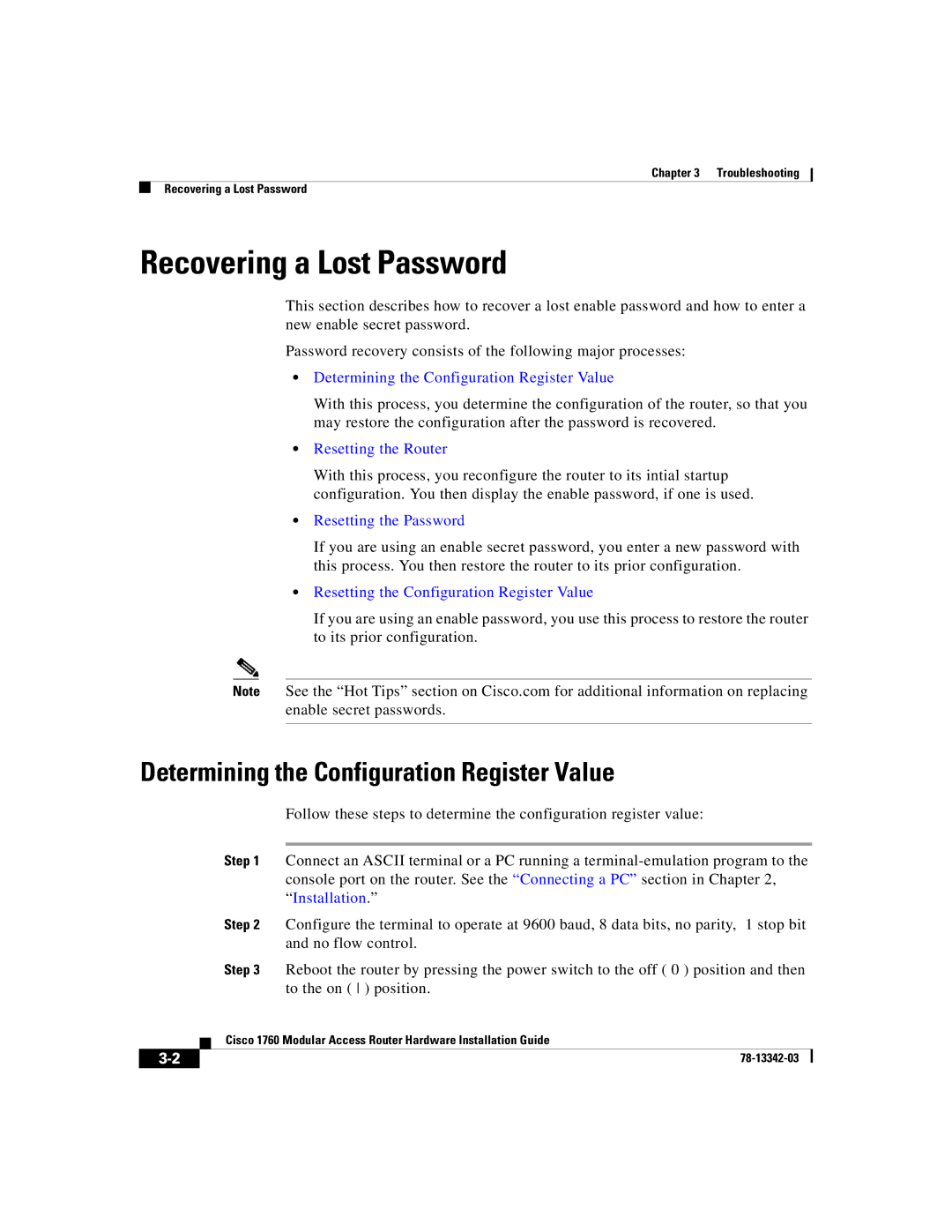 Cisco Systems 1760 manual Recovering a Lost Password, Determining the Configuration Register Value 