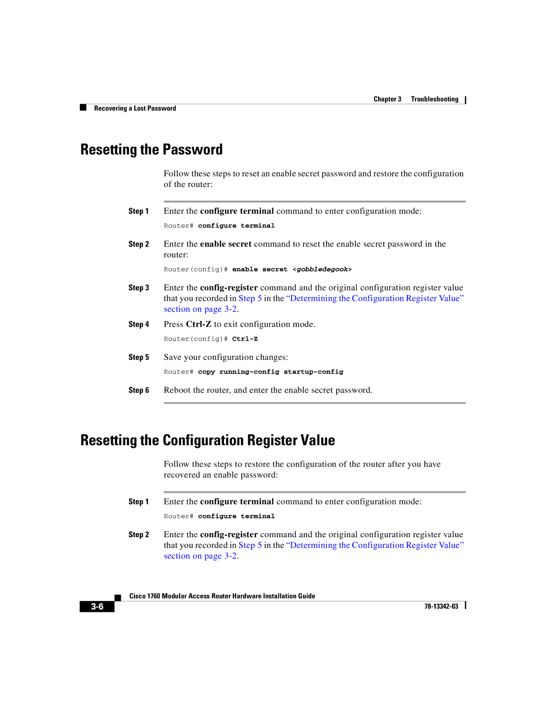 Cisco Systems 1760 manual Resetting the Password, Resetting the Configuration Register Value 