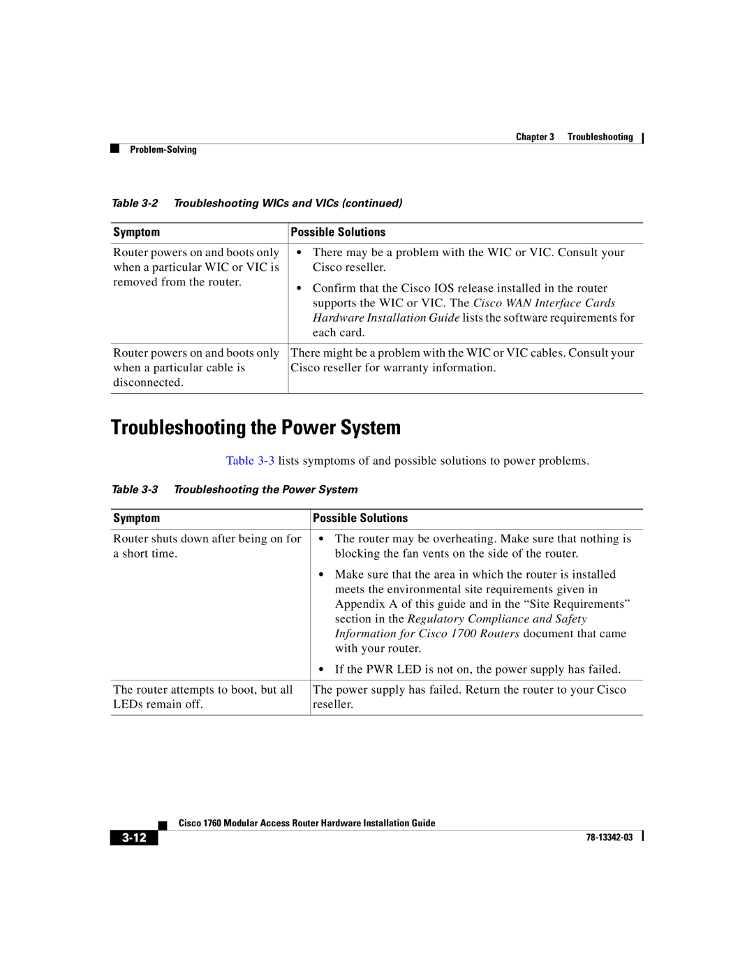 Cisco Systems 1760 manual Troubleshooting the Power System, Information for Cisco 1700 Routers document that came 