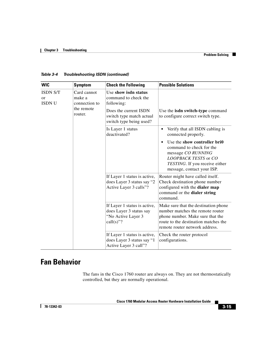 Cisco Systems 1760 manual Fan Behavior, Use the isdn switch-type command 