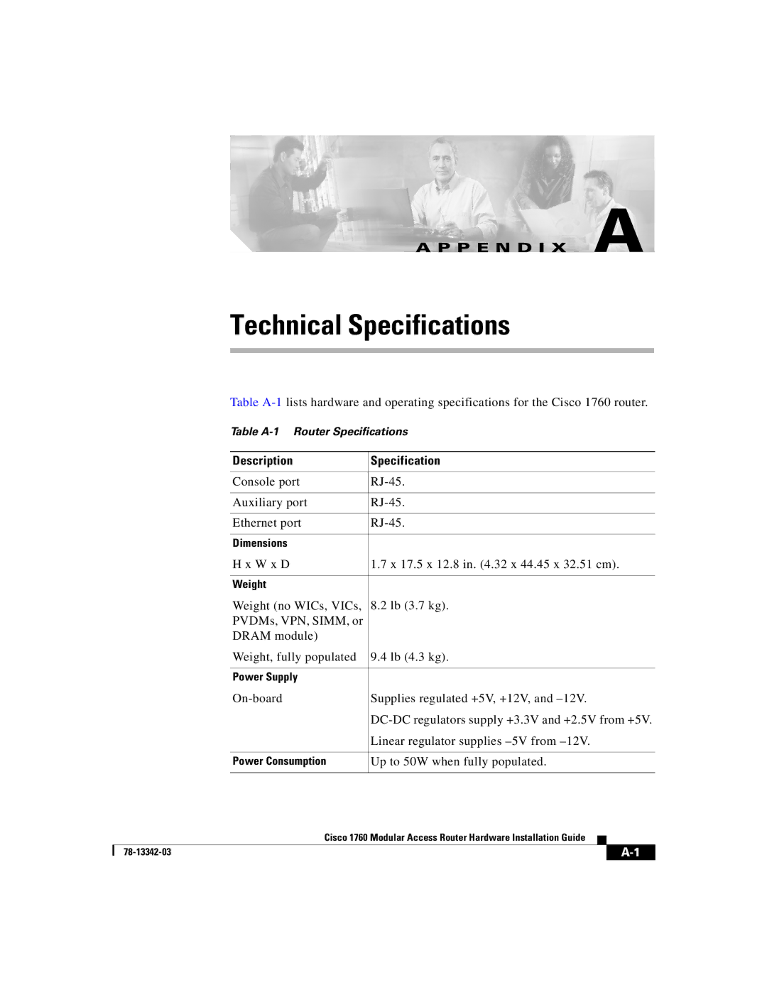 Cisco Systems 1760 manual Technical Specifications, Description Specification 