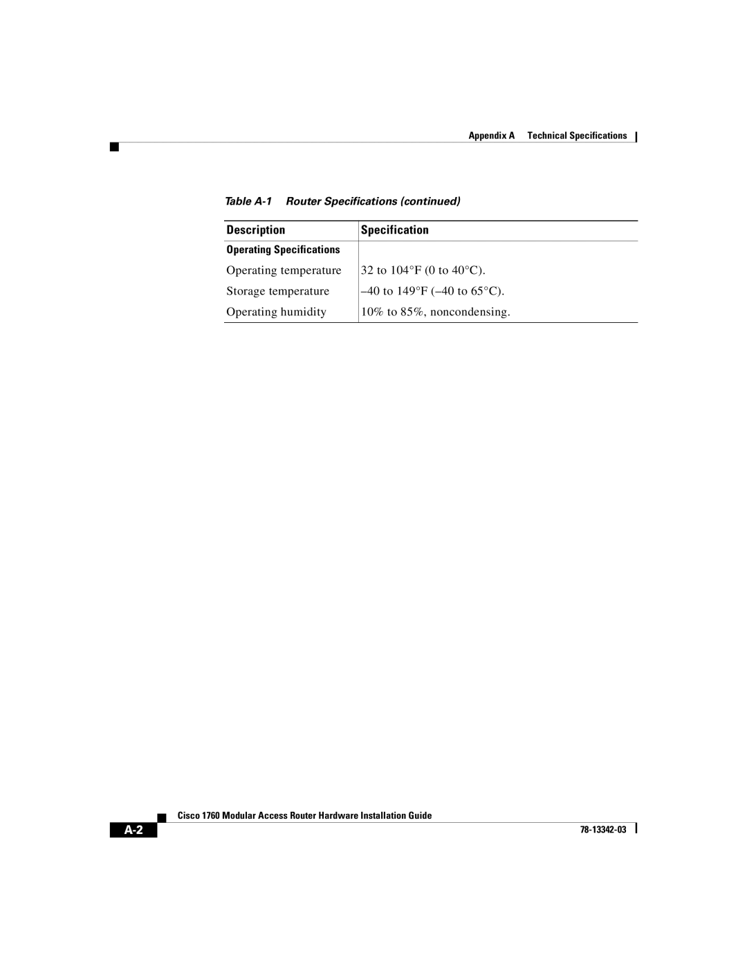 Cisco Systems 1760 manual Operating Specifications 