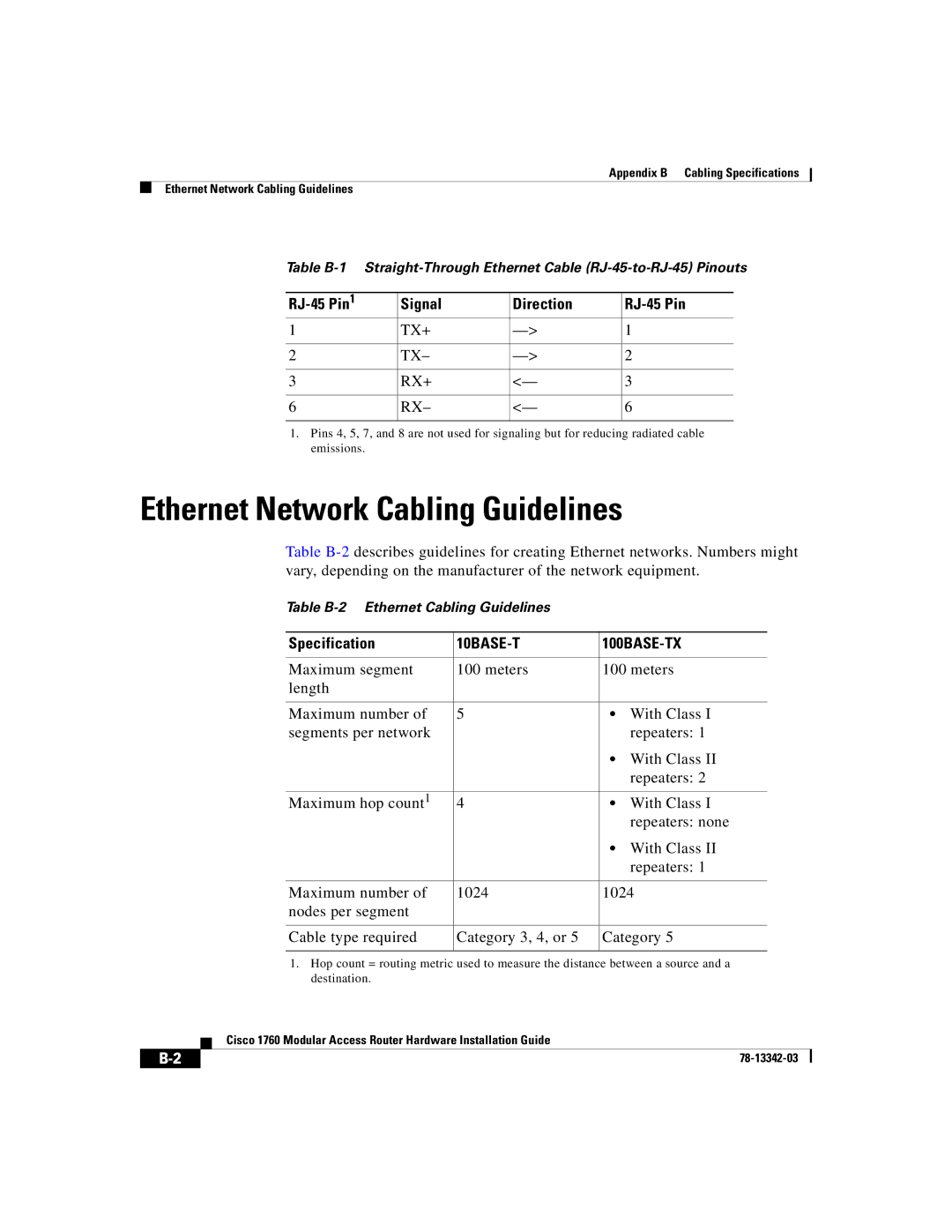 Cisco Systems 1760 manual Ethernet Network Cabling Guidelines, RJ-45 Pin Signal Direction, Tx+ Rx+, 10BASE-T 100BASE-TX 