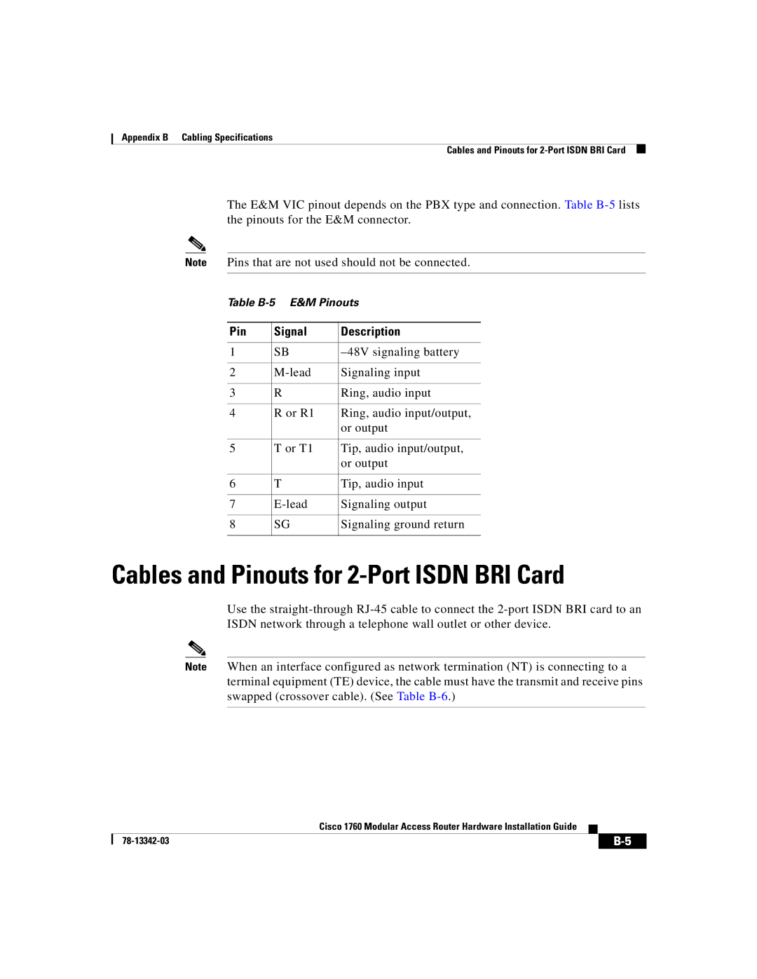 Cisco Systems 1760 manual Cables and Pinouts for 2-Port Isdn BRI Card, Pin Signal Description 