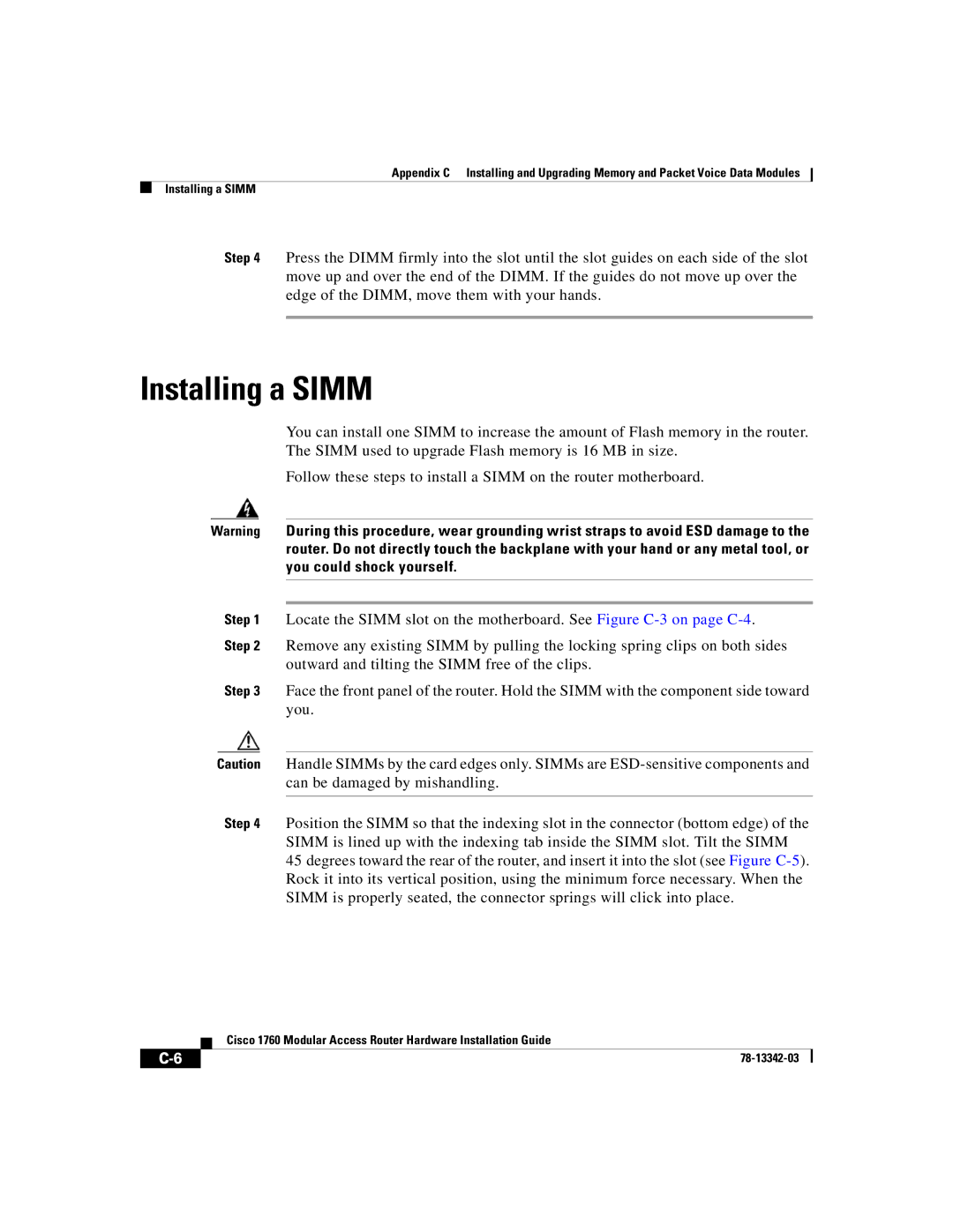 Cisco Systems 1760 manual Installing a Simm 