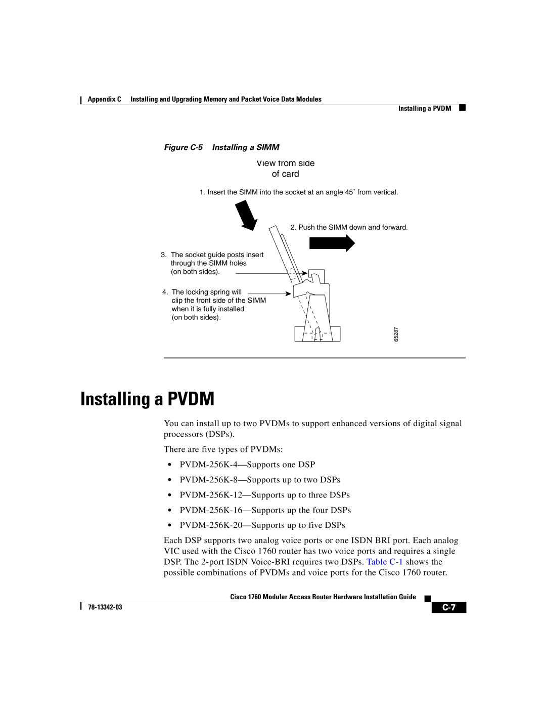 Cisco Systems 1760 manual Installing a Pvdm, View from side Card 