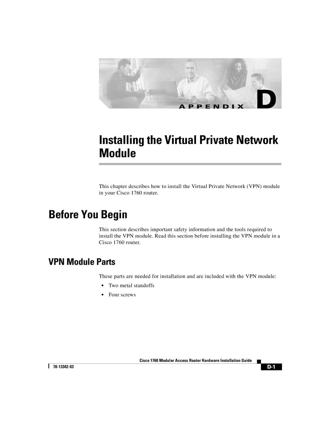 Cisco Systems 1760 manual Before You Begin, VPN Module Parts 