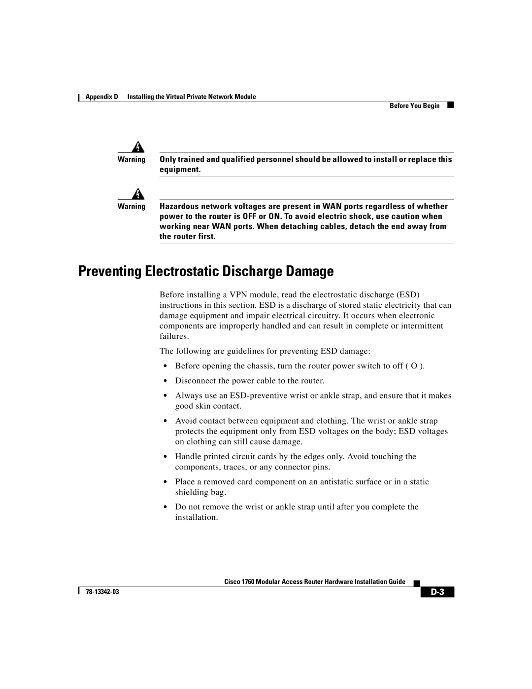 Cisco Systems 1760 manual Preventing Electrostatic Discharge Damage 