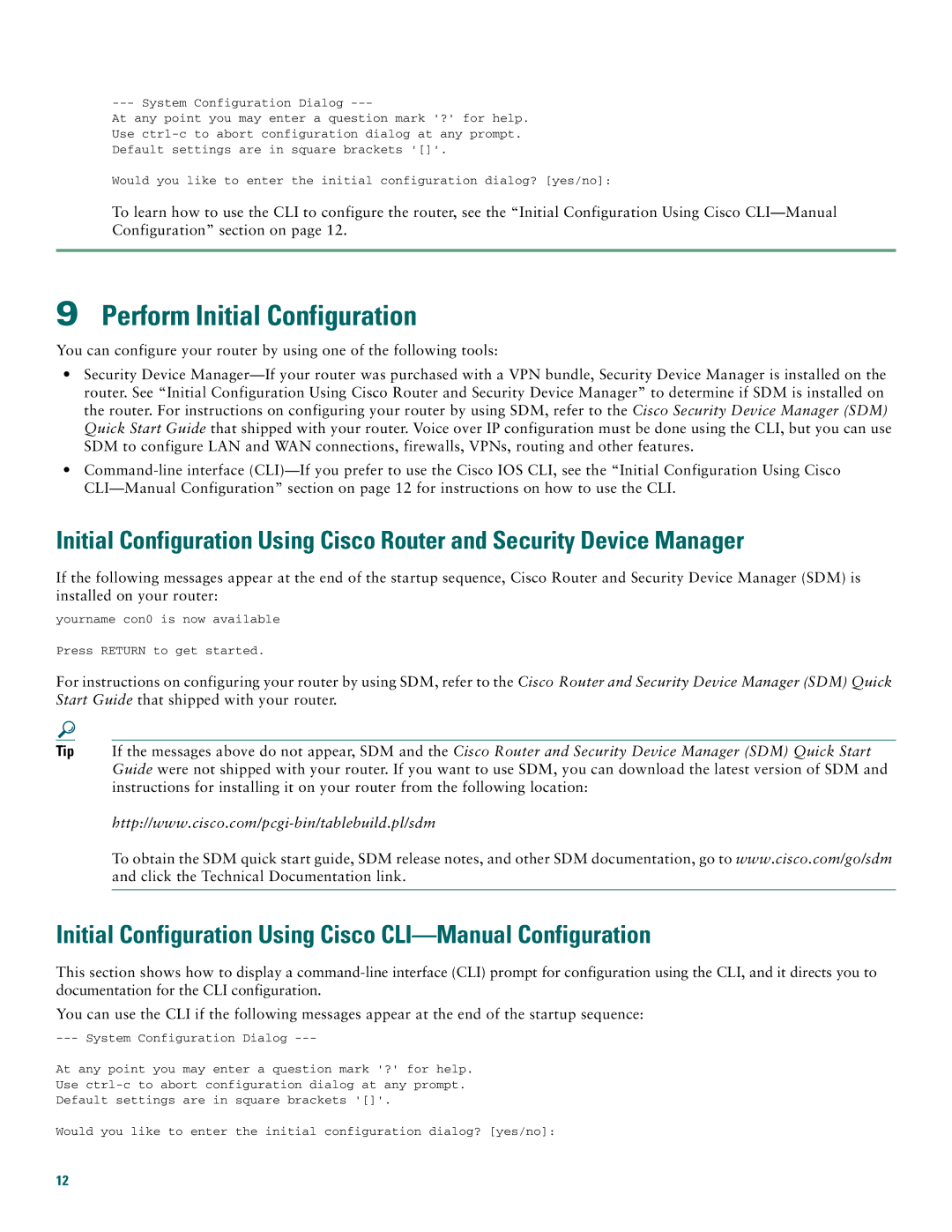 Cisco Systems 1760 quick start Perform Initial Configuration, Initial Configuration Using Cisco CLI-Manual Configuration 