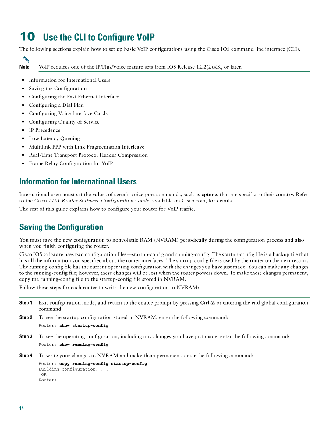 Cisco Systems 1760 quick start Use the CLI to Configure VoIP, Information for International Users, Saving the Configuration 