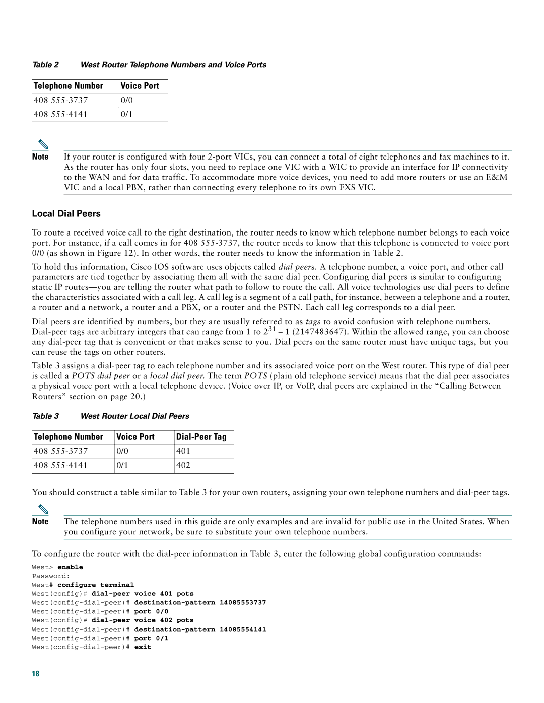 Cisco Systems 1760 quick start Local Dial Peers, Telephone Number Voice Port, Voice Port Dial-Peer Tag 