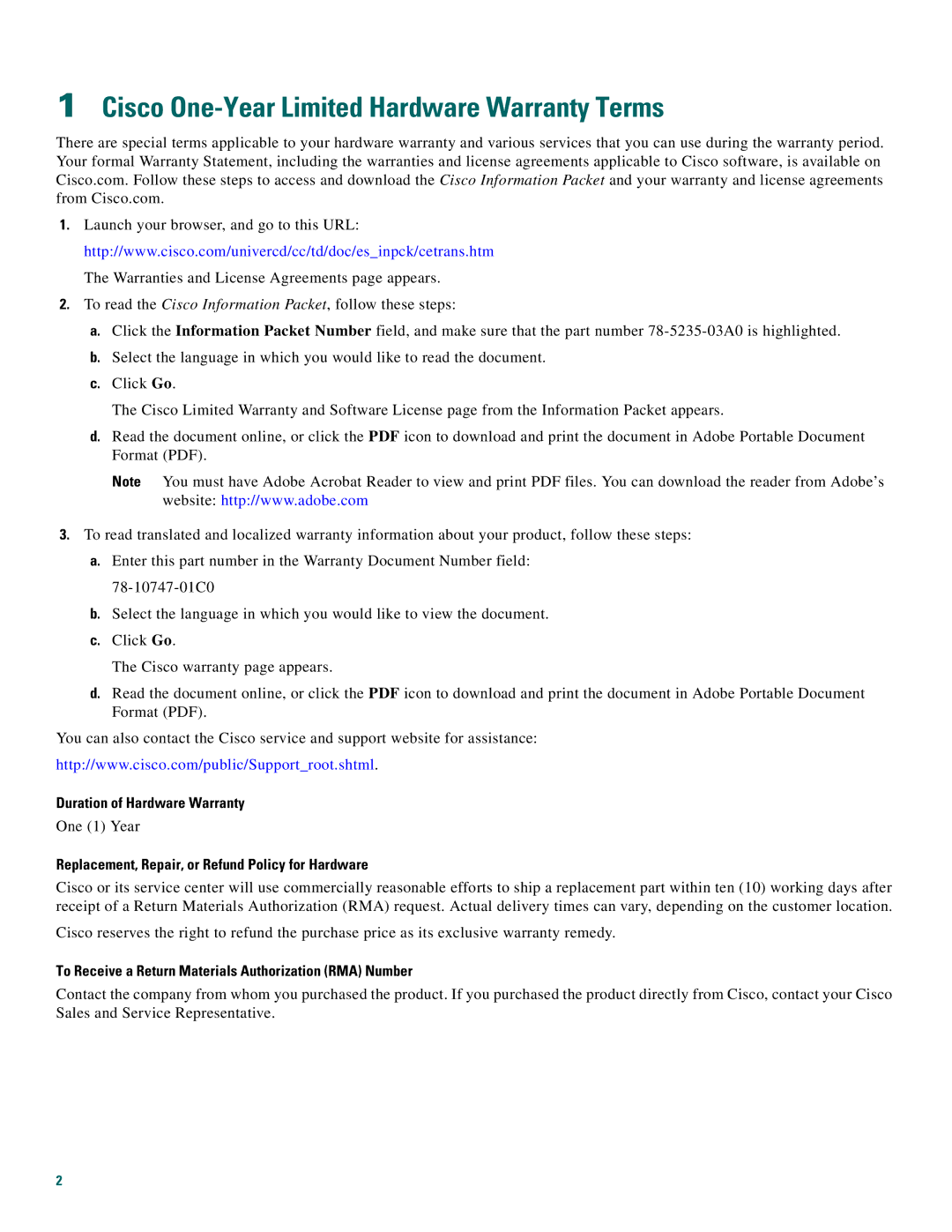 Cisco Systems 1760 quick start Cisco One-Year Limited Hardware Warranty Terms, Duration of Hardware Warranty 