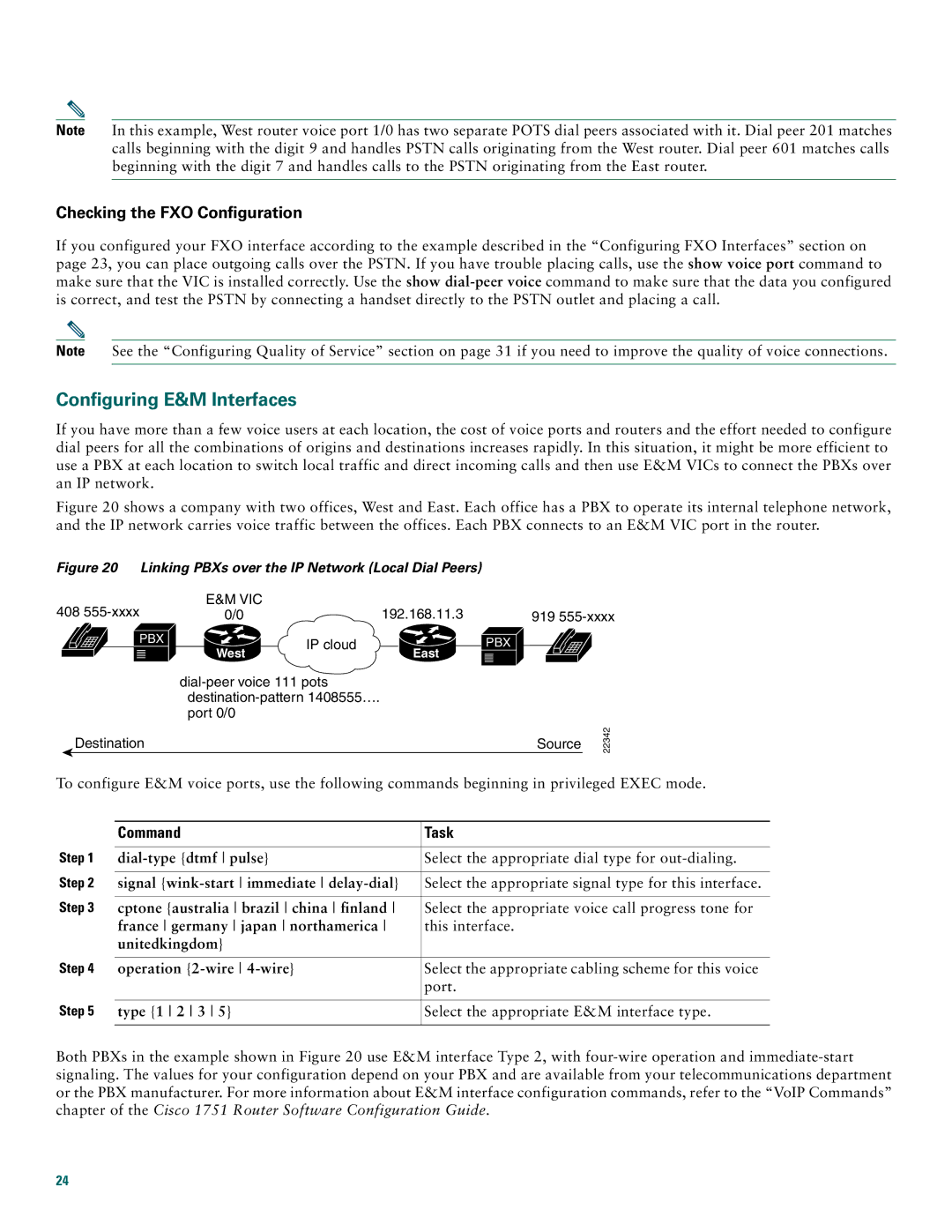 Cisco Systems 1760 quick start Configuring E&M Interfaces, Checking the FXO Configuration, Command Task 