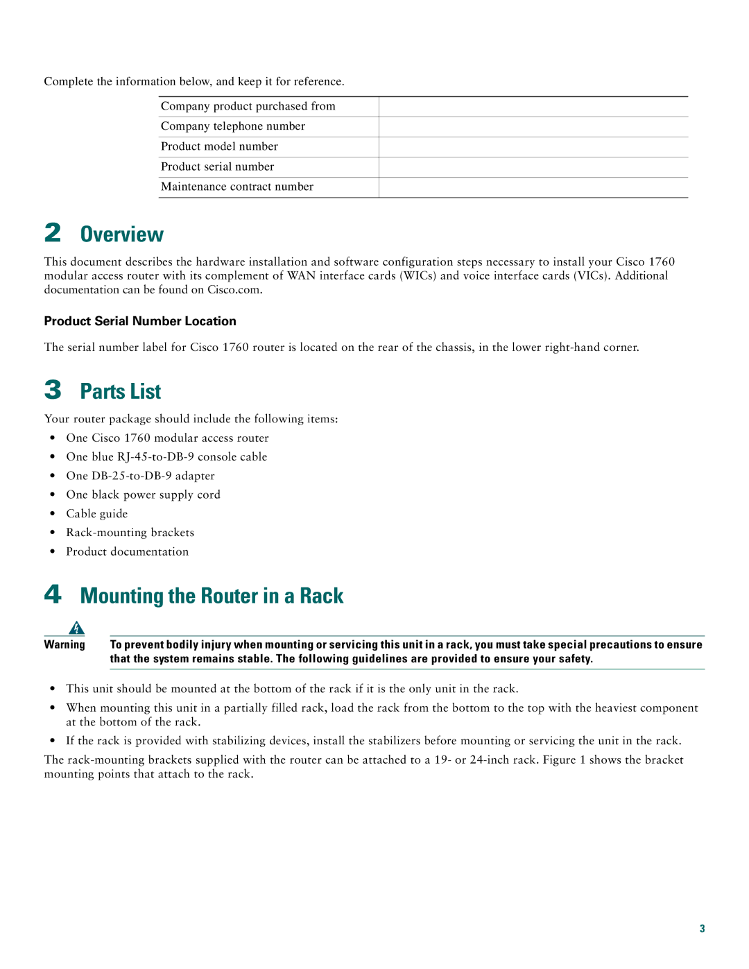 Cisco Systems 1760 quick start Overview, Parts List, Mounting the Router in a Rack, Product Serial Number Location 