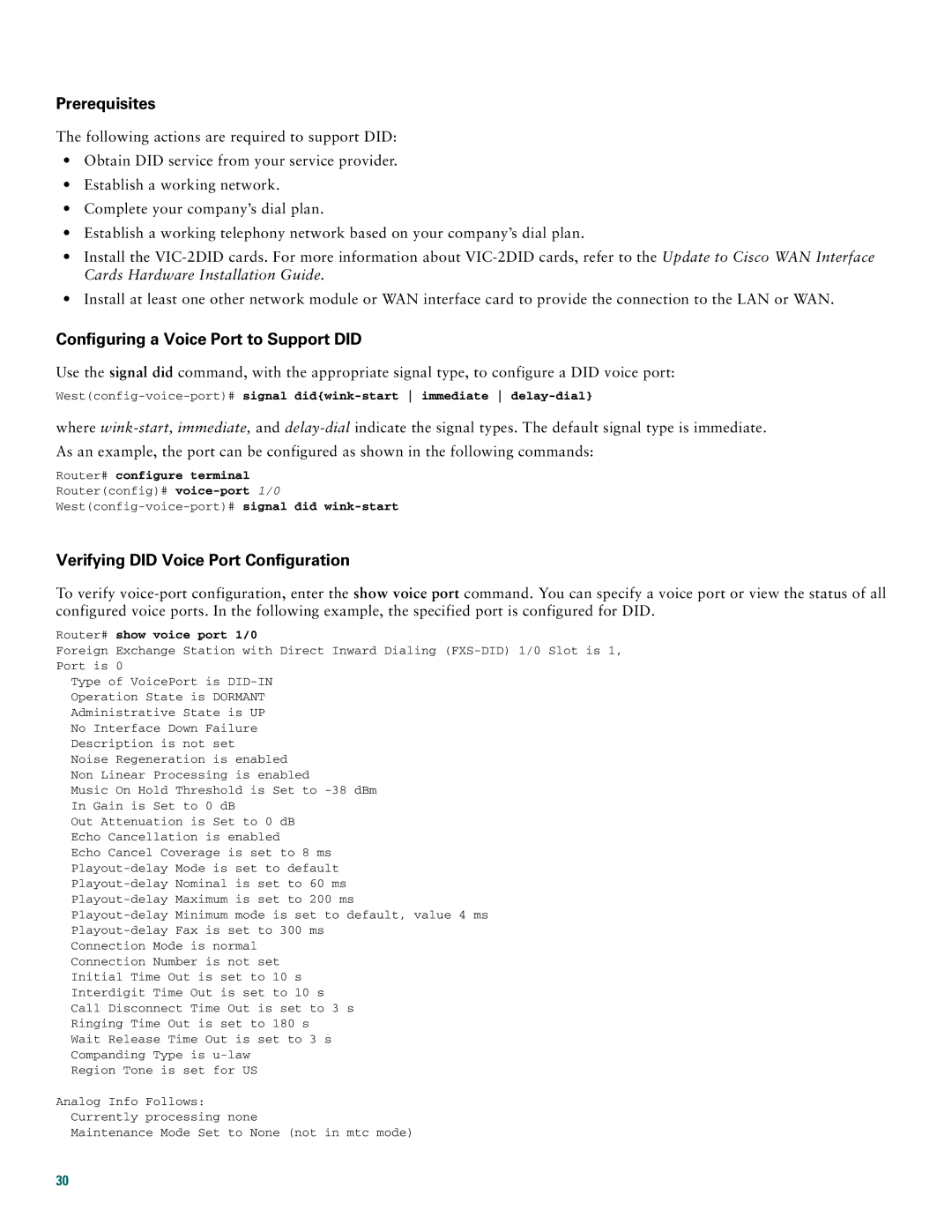 Cisco Systems 1760 Prerequisites, Configuring a Voice Port to Support did, Verifying did Voice Port Configuration 