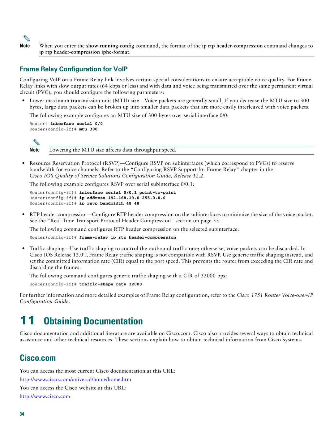 Cisco Systems 1760 quick start Obtaining Documentation, Cisco.com, Frame Relay Configuration for VoIP 