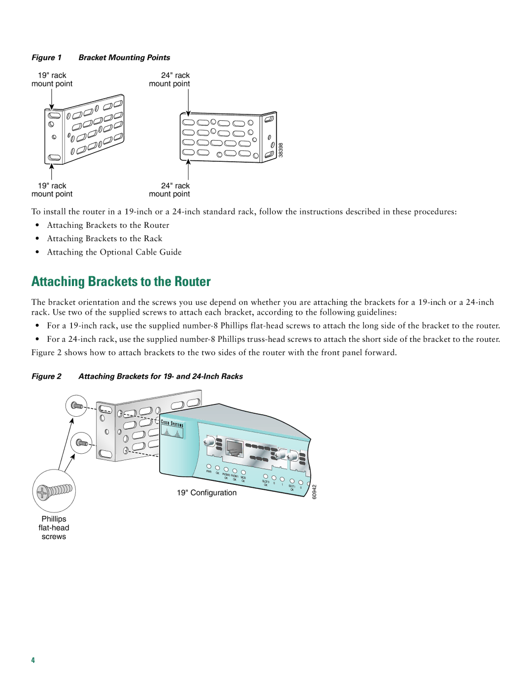 Cisco Systems 1760 quick start Attaching Brackets to the Router, Bracket Mounting Points 