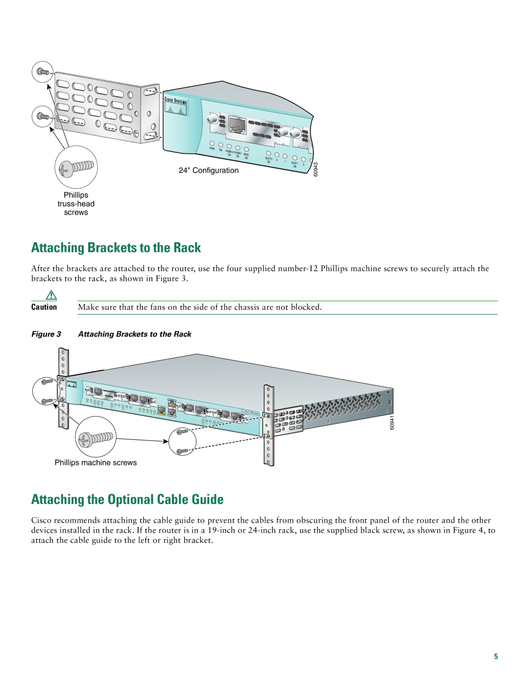 Cisco Systems 1760 quick start Attaching Brackets to the Rack, Attaching the Optional Cable Guide 