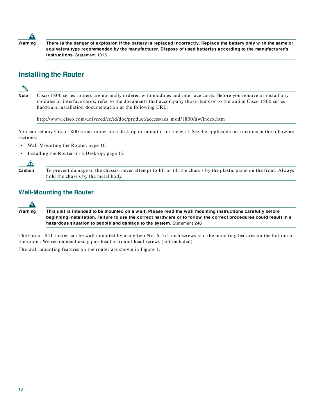 Cisco Systems 1800 Series quick start Installing the Router, Instructions. Statement 