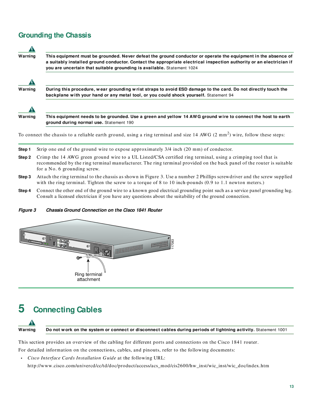 Cisco Systems 1800 Series quick start Connecting Cables, Grounding the Chassis 