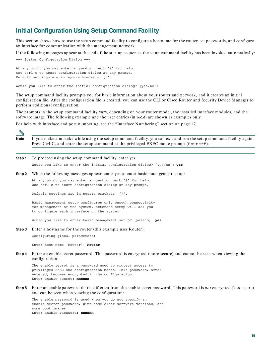 Cisco Systems 1800 Series quick start Initial Configuration Using Setup Command Facility 