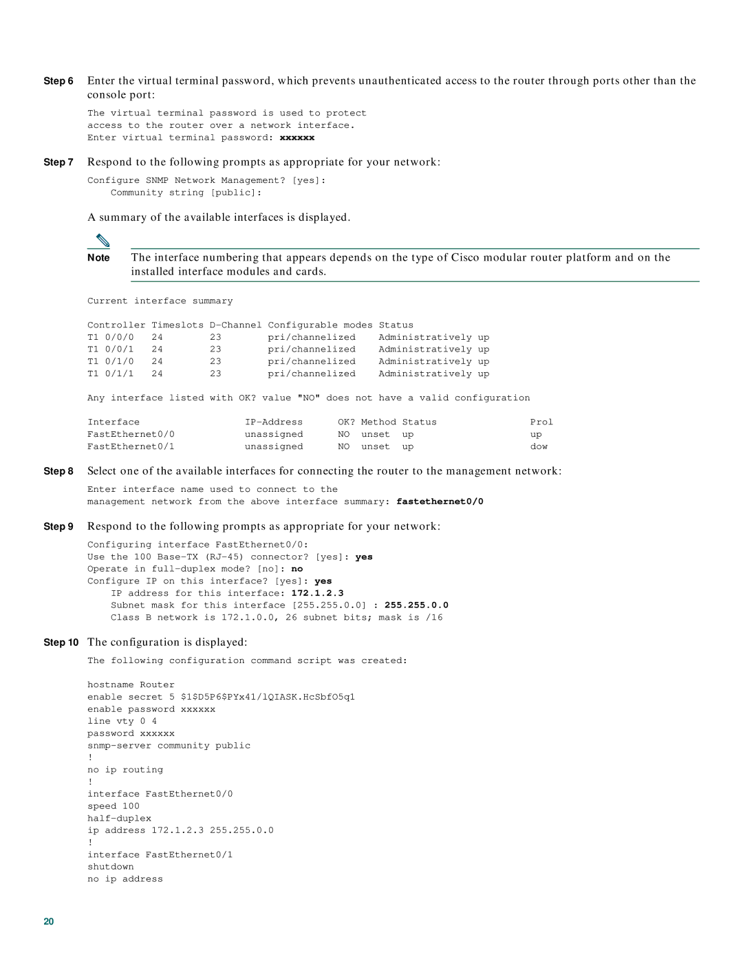 Cisco Systems 1800 Series quick start Summary of the available interfaces is displayed 