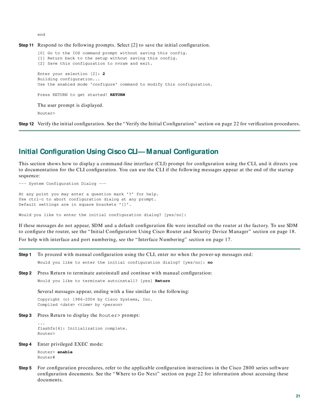 Cisco Systems 1800 Series quick start Initial Configuration Using Cisco CLI-Manual Configuration 