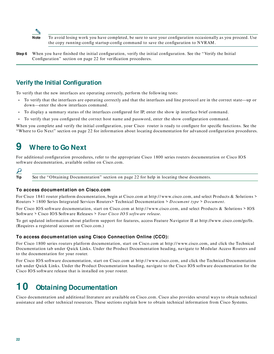 Cisco Systems 1800 Series quick start Where to Go Next, Obtaining Documentation, Verify the Initial Configuration 