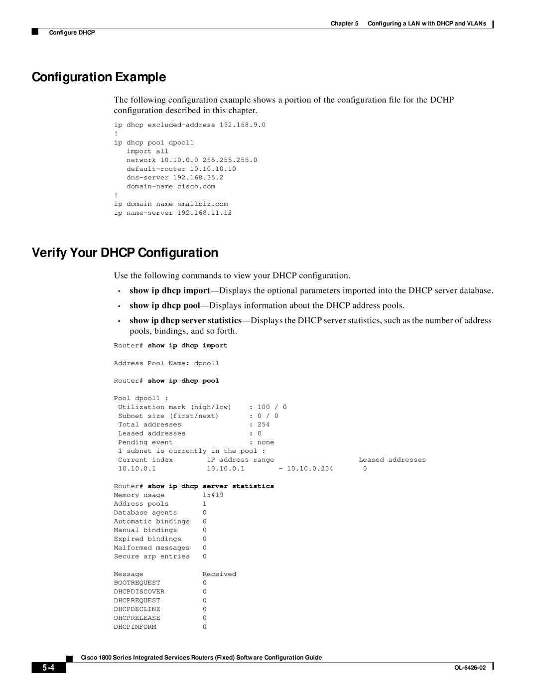 Cisco Systems 1800 manual Configuration Example, Verify Your DHCP Configuration 
