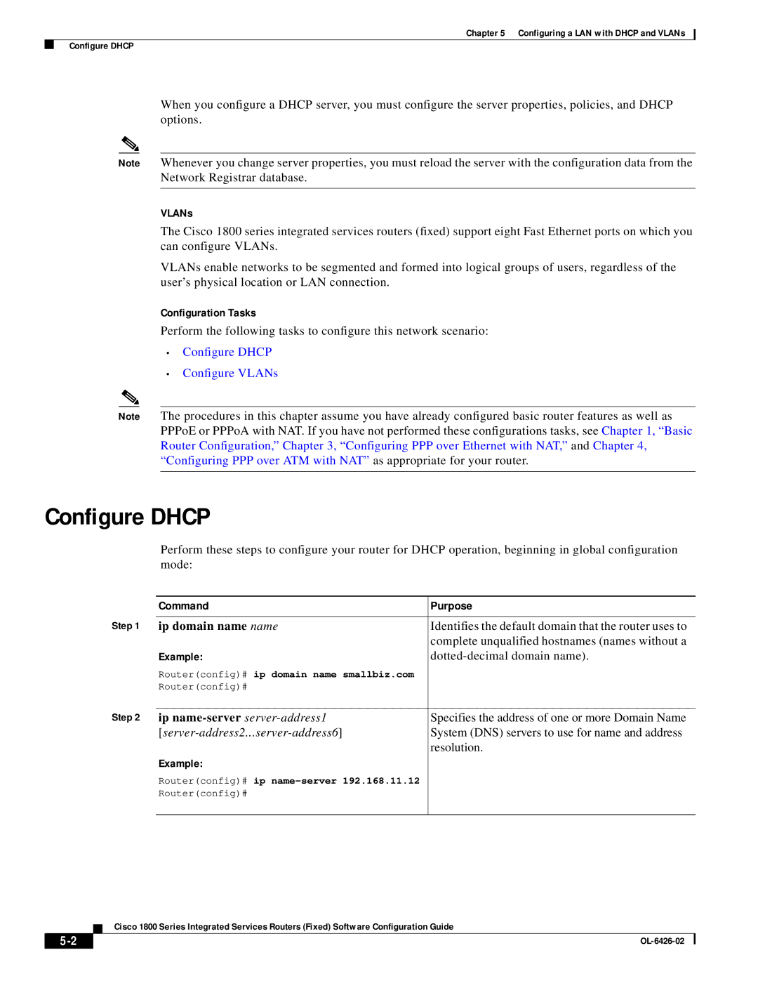 Cisco Systems 1800 manual Configure Dhcp, VLANs, Configuration Tasks, Ip domain name name, Ip name-server server-address1 