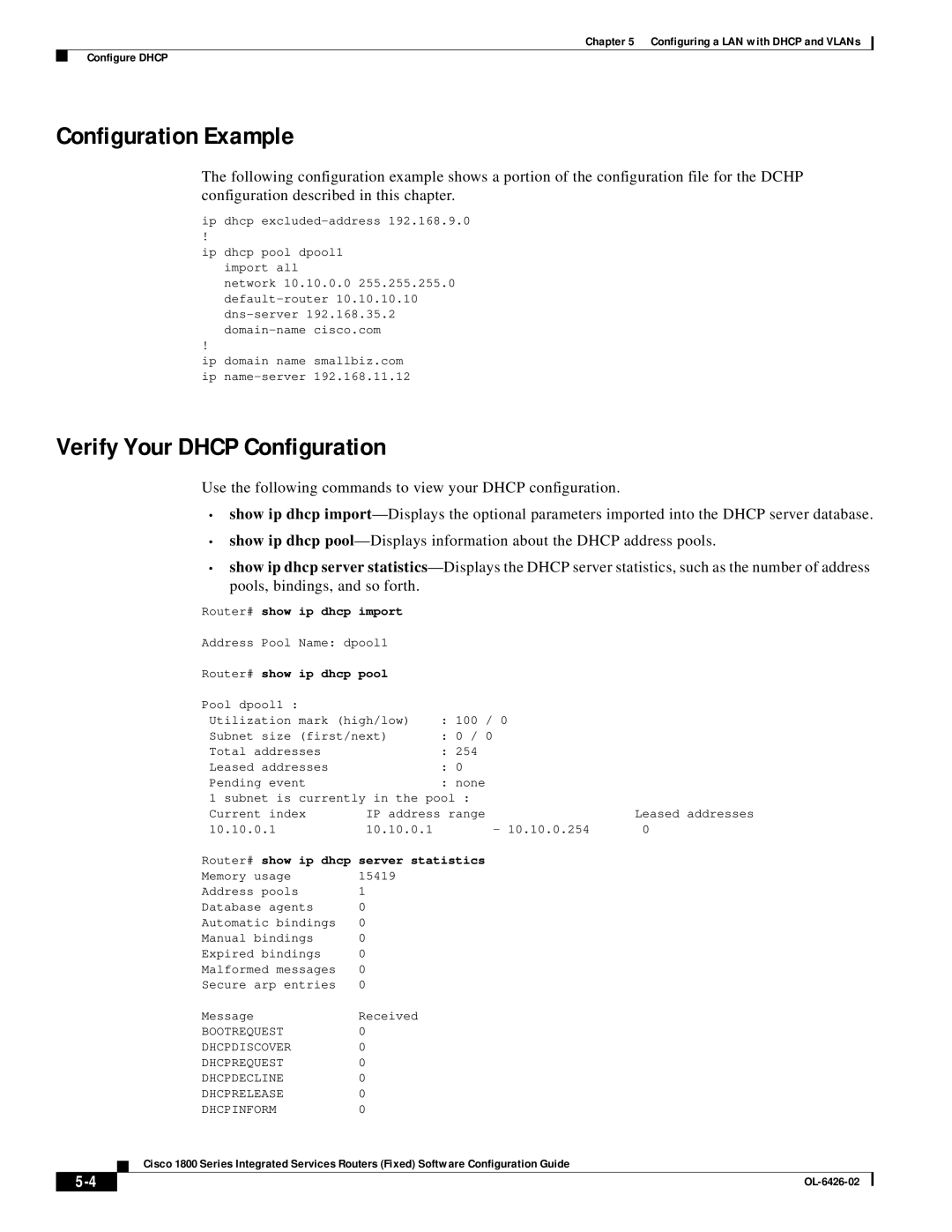 Cisco Systems 1800 manual Configuration Example, Verify Your Dhcp Configuration, Router# show ip dhcp import 