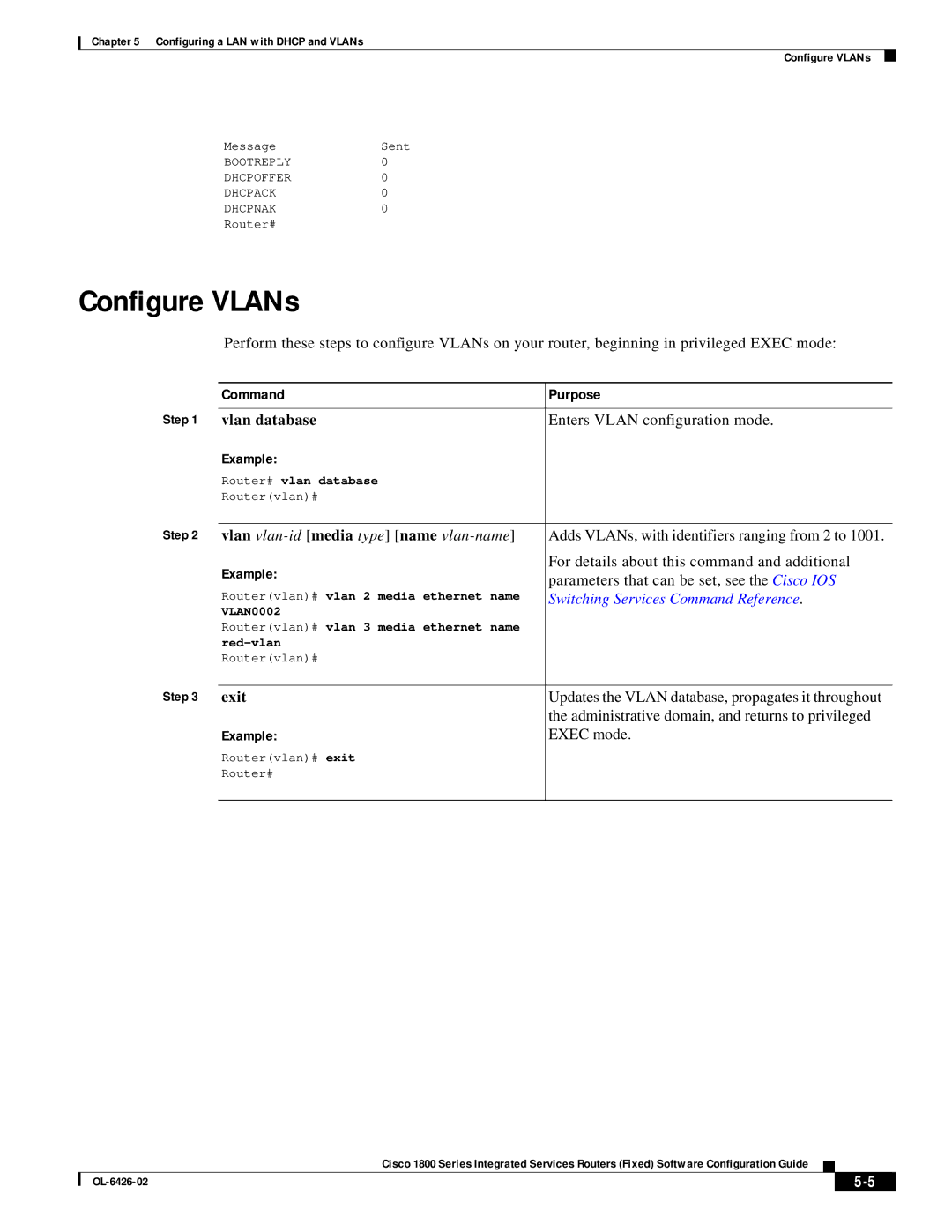 Cisco Systems 1800 manual Configure VLANs, Command Purpose, Example 