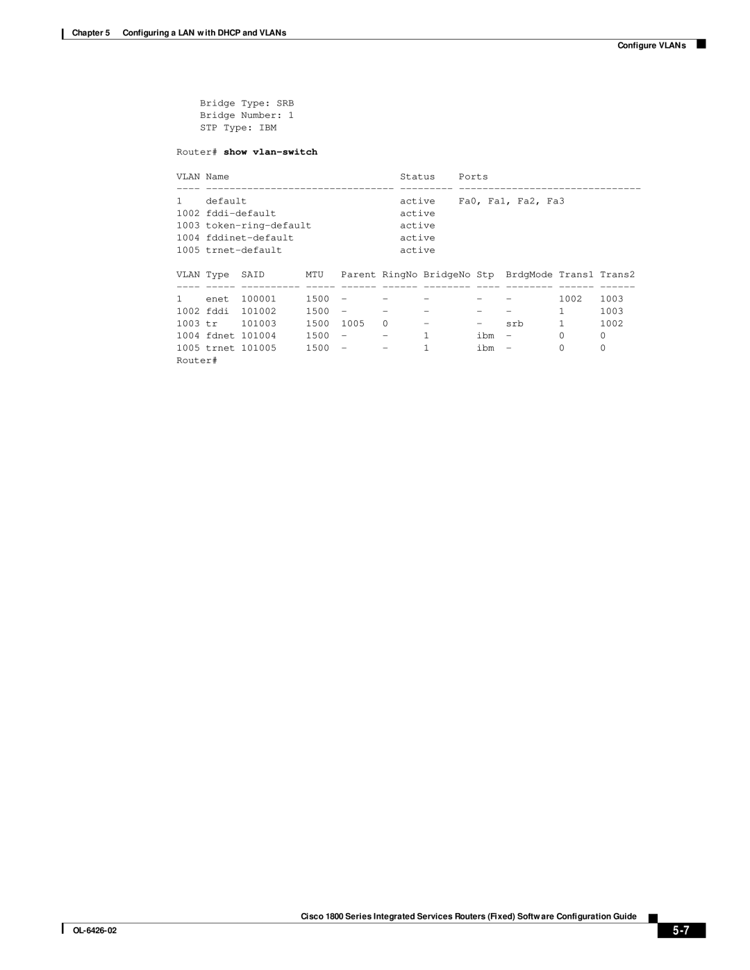 Cisco Systems 1800 manual Router# show vlan-switch, Vlan 