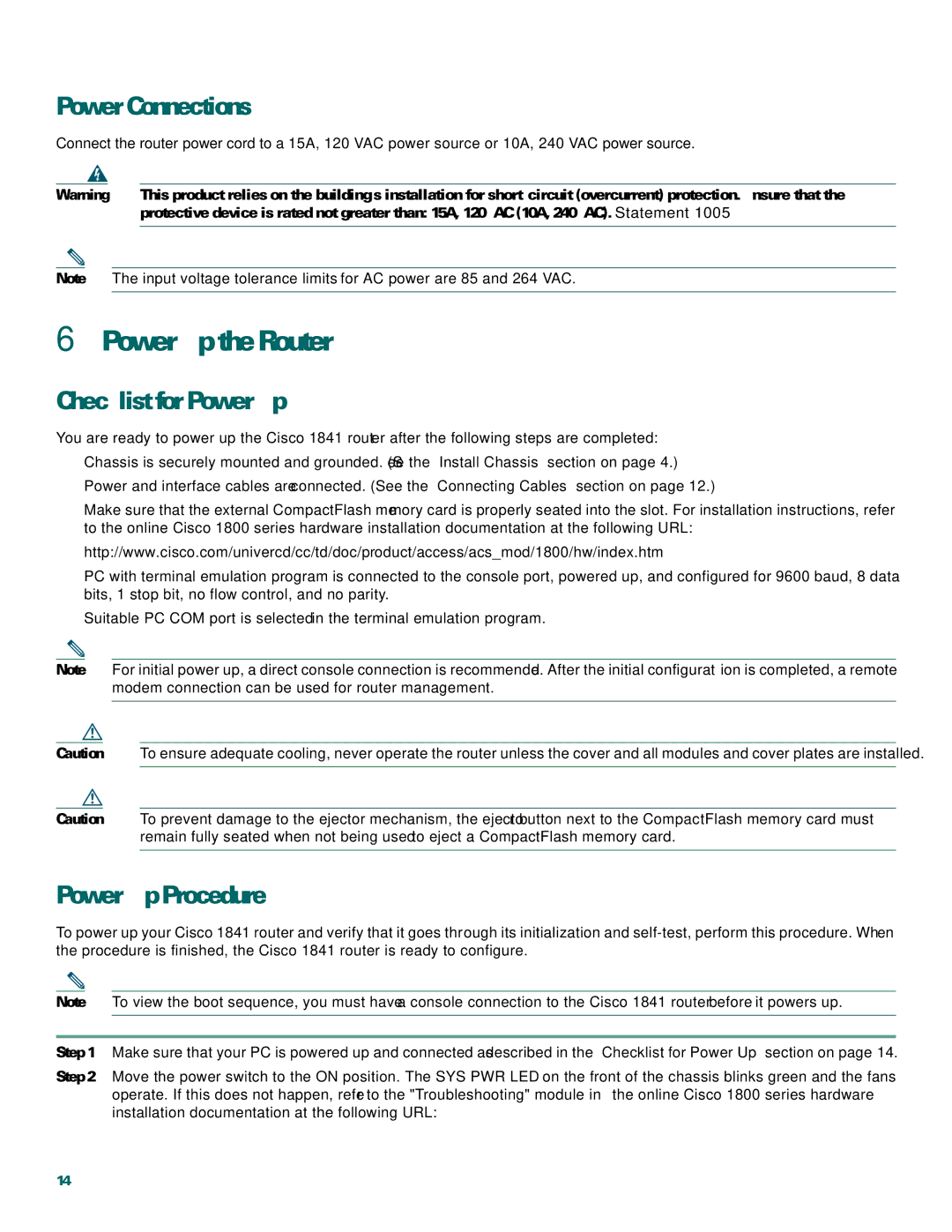 Cisco Systems 1800 quick start Power Up the Router, Power Connections, Checklist for Power Up, Power-Up Procedure 