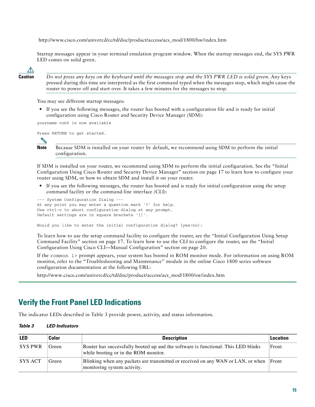 Cisco Systems 1800 quick start Verify the Front Panel LED Indications, Color Description Location 