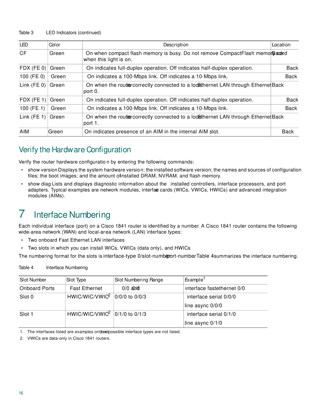 Cisco Systems 1800 Interface Numbering, Verify the Hardware Configuration, Slot Type Slot Numbering Range Example1 