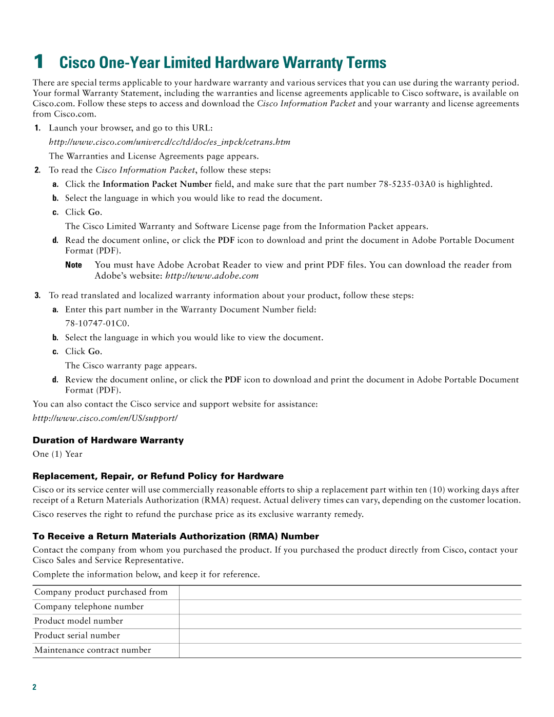 Cisco Systems 1800 quick start Cisco One-Year Limited Hardware Warranty Terms, Duration of Hardware Warranty 