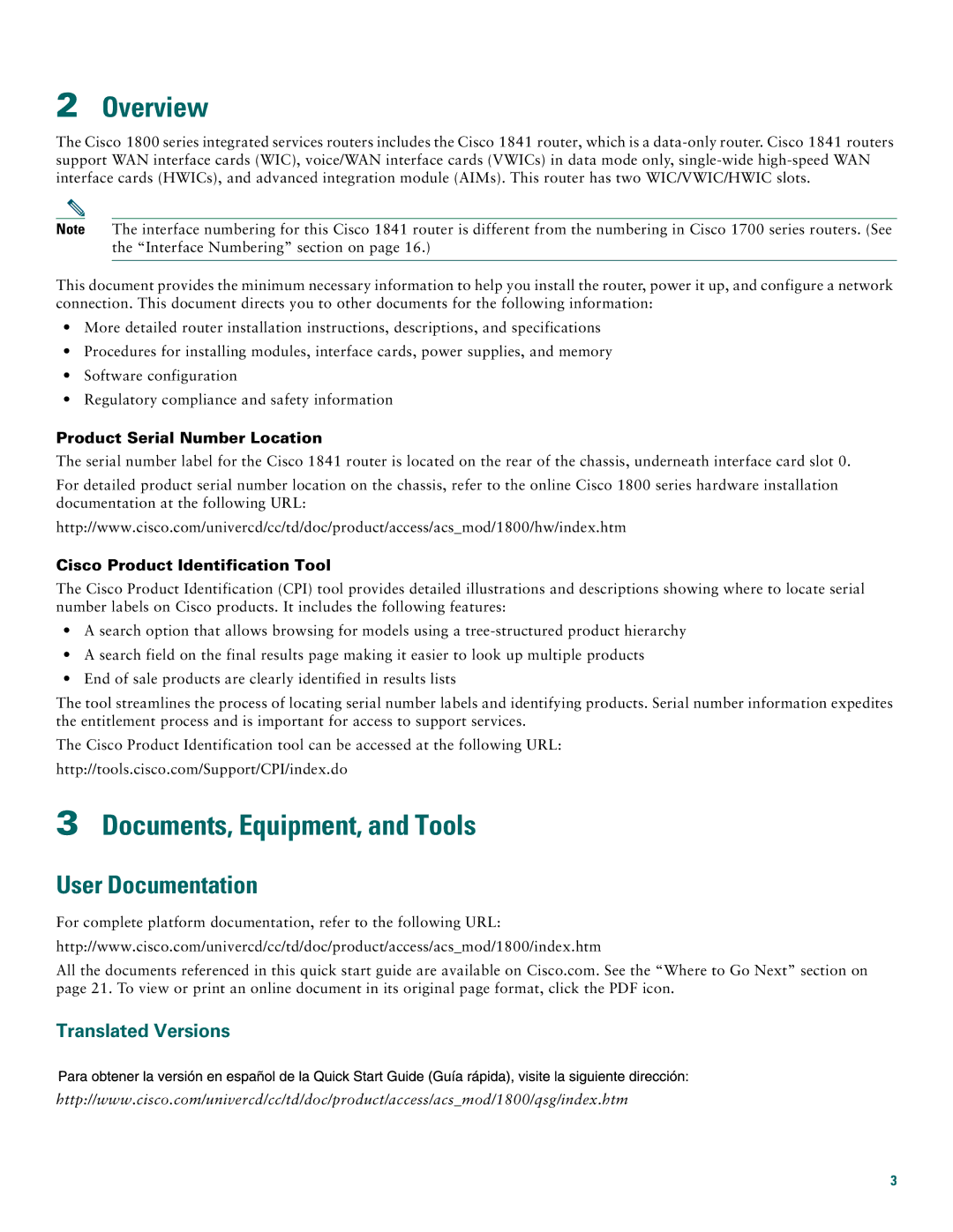 Cisco Systems 1800 Overview, Documents, Equipment, and Tools, User Documentation, Product Serial Number Location 