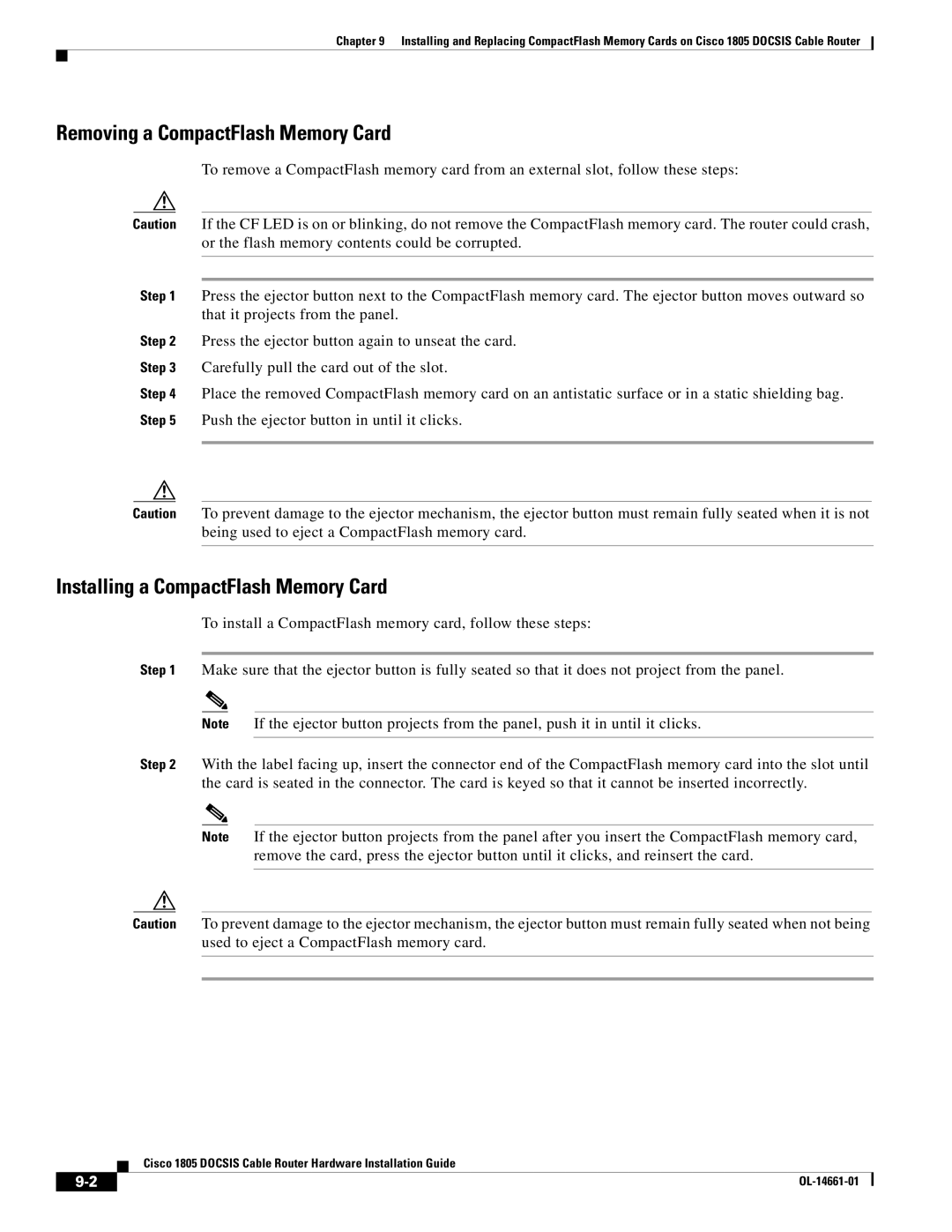 Cisco Systems 1805 DOCSIS manual Removing a CompactFlash Memory Card 